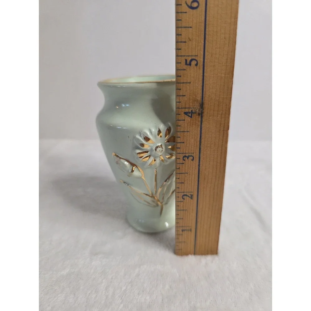 Vintage‎ Vase circa 1940's Green Pottery with Gold Embossed Flowers 4.5 Inch